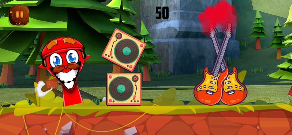 A red cartoon character jumping over turntables and guitars in a forest level of Sprunki Game