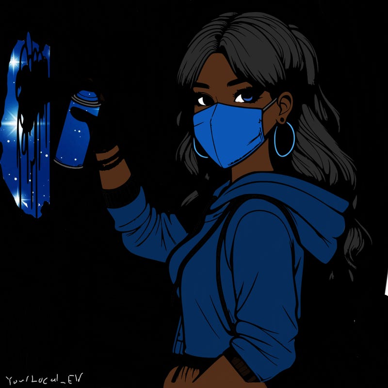 realistic girl with mask spray painting a wall