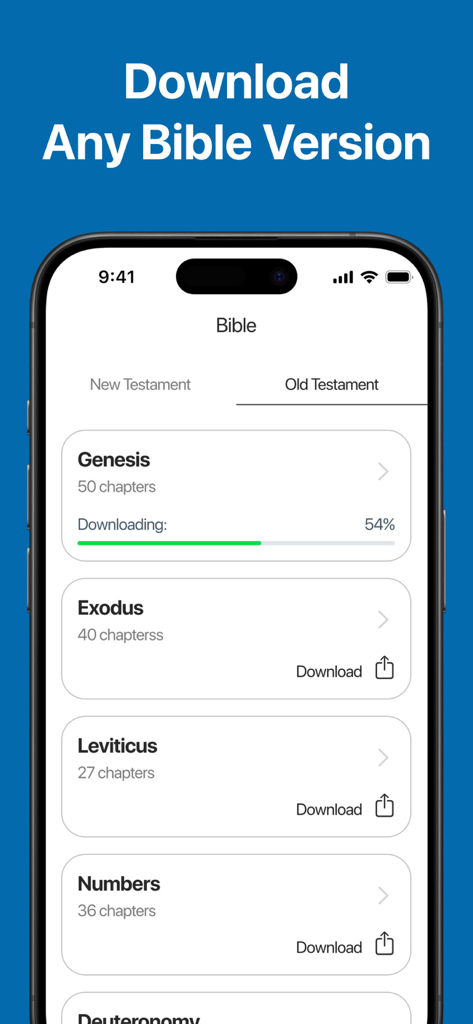Bible Recap Tara Leigh Cobble - Interface of the Bible Recap app showing the download progress for Old Testament books like Genesis and Exodus