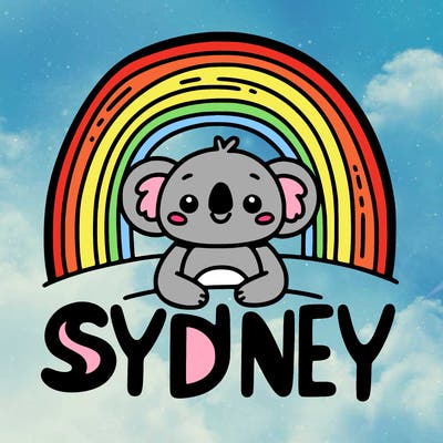 the name sydney with a rainbow behind it