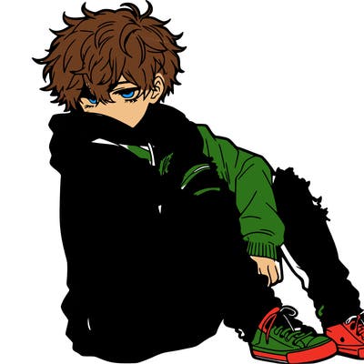a male hoddie ripped jeans messy hair anime