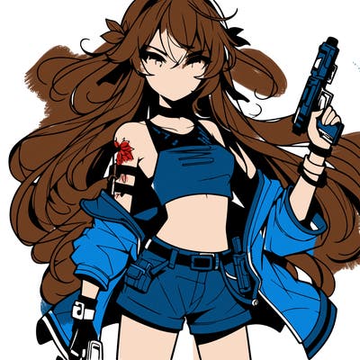 bad girl wearing crop top holding a gun long hair anime