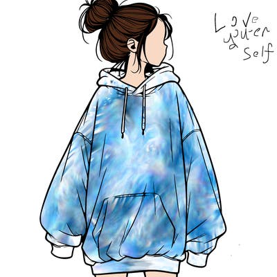 realistic girl with a oversized sweatshirt on and a bun