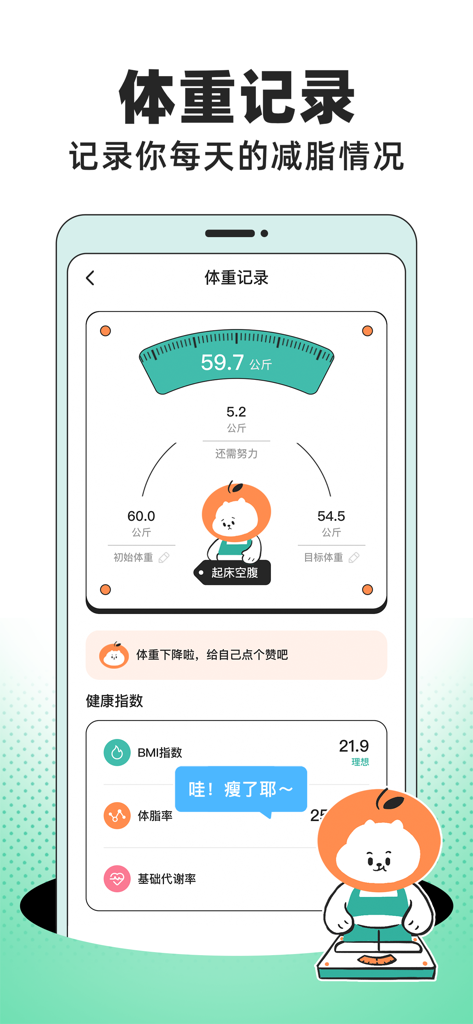 Interfaccia dell'app Fanju che mostra il monitoraggio giornaliero del peso, metriche di salute e un'adorabile mascotte arancione su una bilancia.