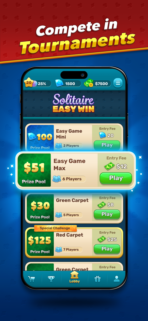 EasyWin: Solitaire & Real cash - Interface do aplicativo EasyWin Solitaire mostrando opções de torneios com prêmios em dinheiro