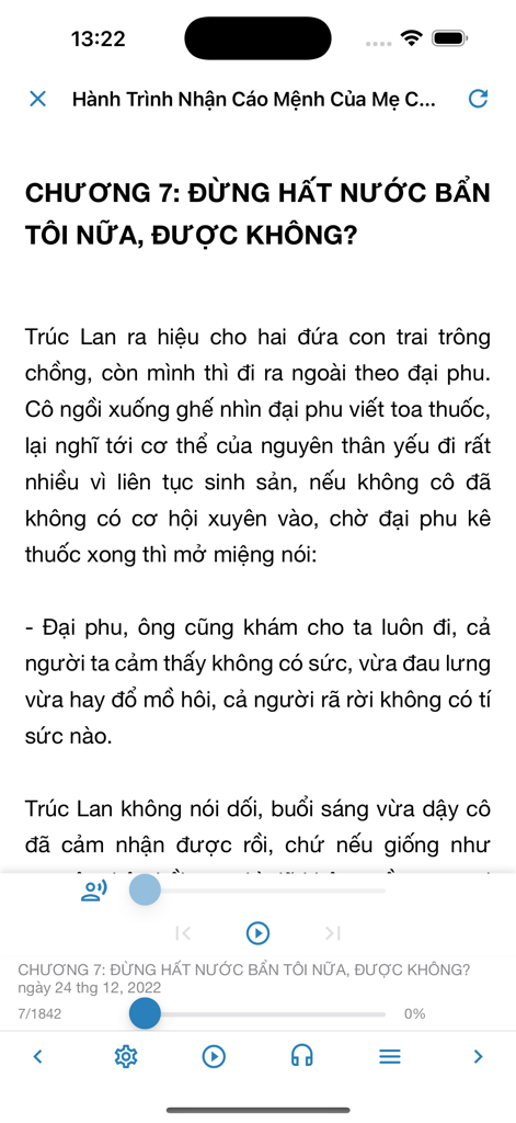 TYT - Truyện Full & Offline - Interface de leitura de romance vietnamita no aplicativo TYT mostrando o texto do capítulo e controles de navegação