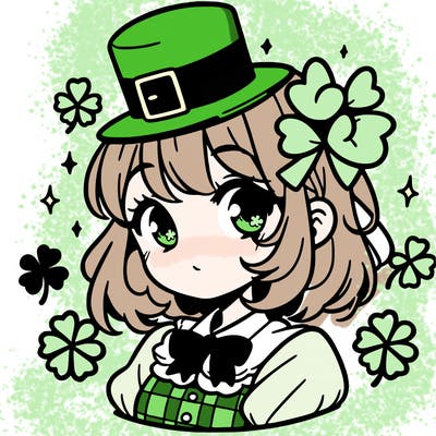 a manga-style girl with clovers around her, a little hat in her hair, like it's saint patrick's day