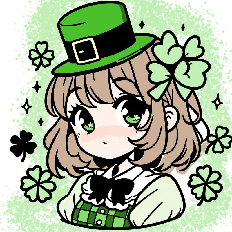 a manga-style girl with clovers around her, a little hat in her hair, like it's saint patrick's day