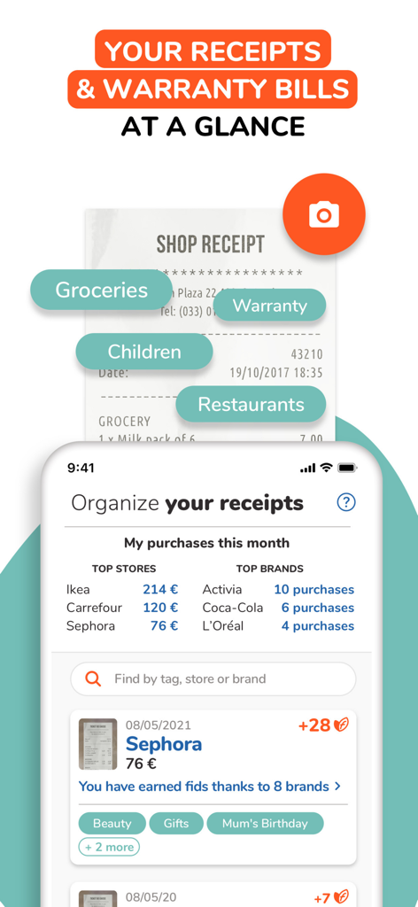 Interfaccia dell'app Fidme che mostra l'organizzazione digitale degli scontrini e il monitoraggio delle spese mensili per negozio e marchio