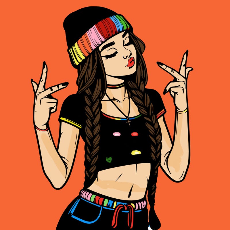 realistic teenage girl with braids and a beanie and crop top doing 🫶🏼