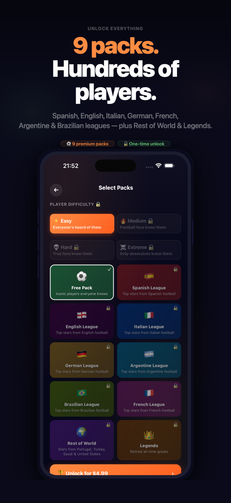 Impostor Football - Pantalla de selección que muestra diferentes paquetes de ligas de fútbol y niveles de dificultad en la aplicación Fútbol Impostor