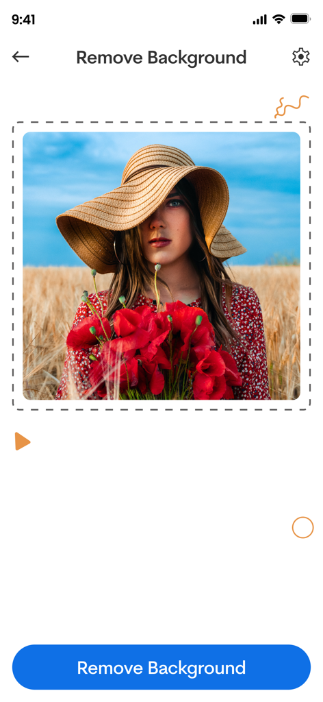 Mobile app screen showing a portrait of a woman with a button to remove the background
