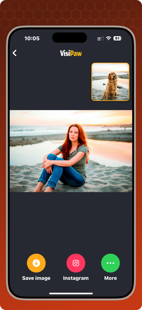 Pet To Human - VisiPaw - VisiPaw app interface showing a Golden Retriever transformed into a human woman sitting on a beach with options to save or share