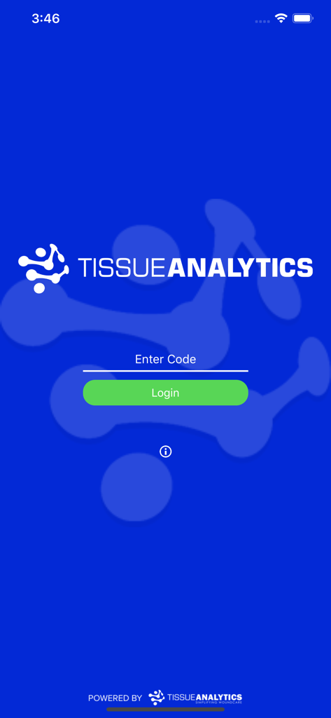 Login screen for MobileWoundCare for Patients app with Tissue Analytics logo and code entry field