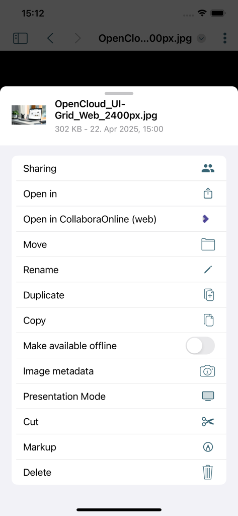 Menu d'actions dans l'application OpenCloud montrant des options de gestion de fichiers, y compris le partage et les métadonnées