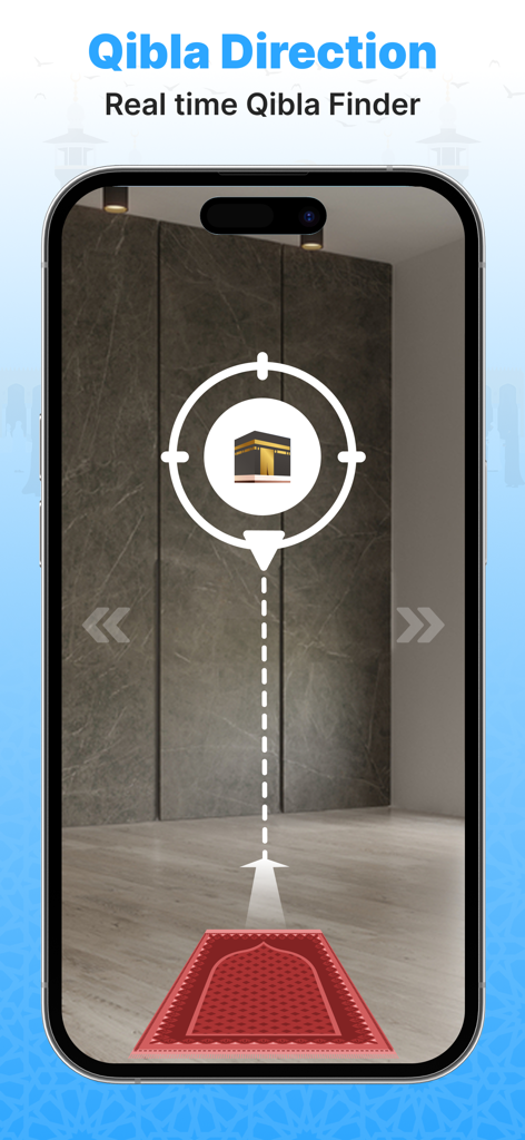 Qibla Finder & Namaz - Smartphone screen showing real time Qibla direction with augmented reality view and prayer mat