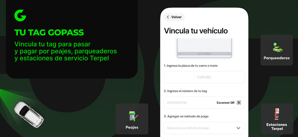 Gopass - Mobile screen of the Gopass app showing the vehicle registration process to link a tag for automated mobility payments