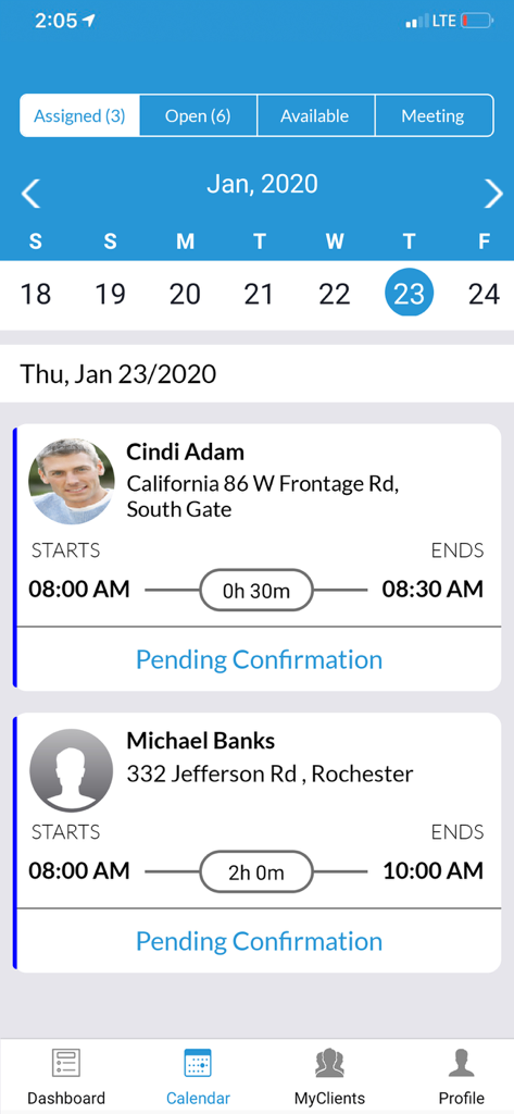 CareSmartz360⁺ - Mobile app calendar showing a caregiver schedule with assigned home care shifts and client locations.