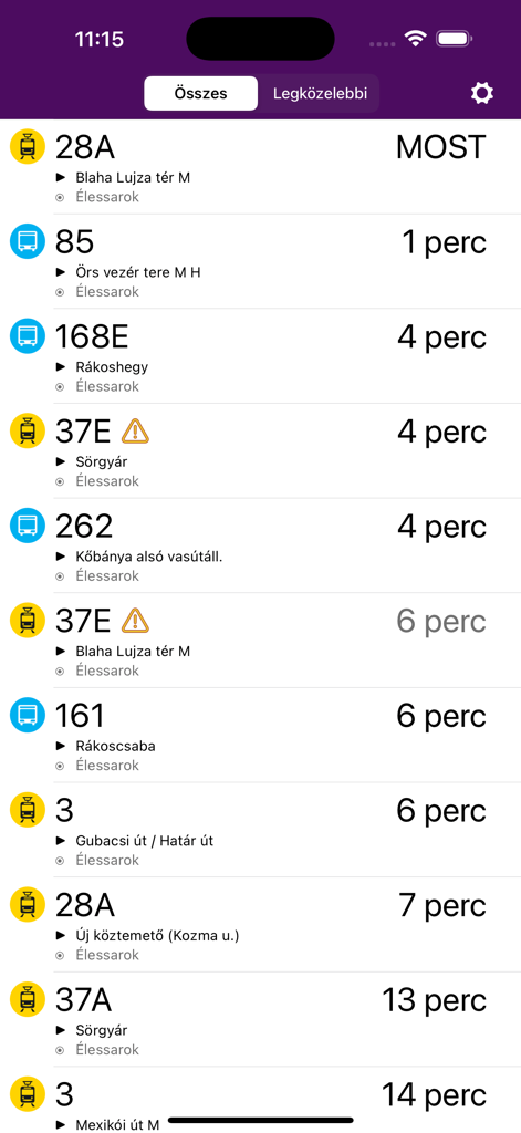 Holabusz - Una lista de próximos horarios de salida de autobuses y tranvías en Budapest en la aplicación Holabusz