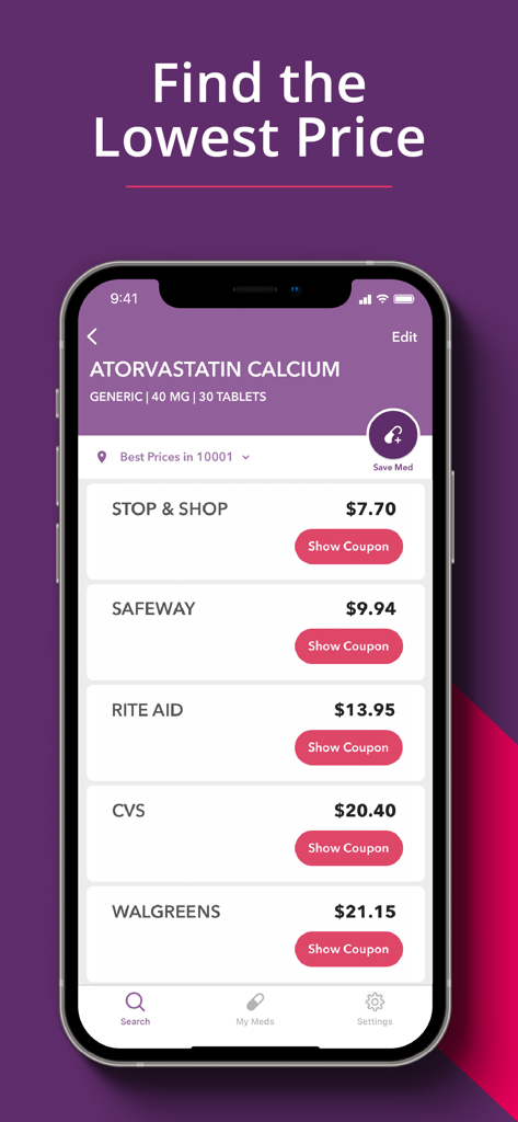 RxSaver Prescription Discounts - RxSaver app showing a list of pharmacy prices for Atorvastatin Calcium with coupons available for Stop and Shop Safeway and Rite Aid