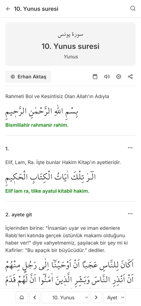 Açık Kuran - A minimalist mobile app interface for the Clear Quran showing Surah Yunus with Arabic text and Turkish translation