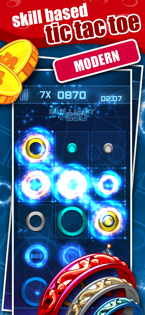 Skill based tic tac toe with glowing color rings and a modern puzzle interface