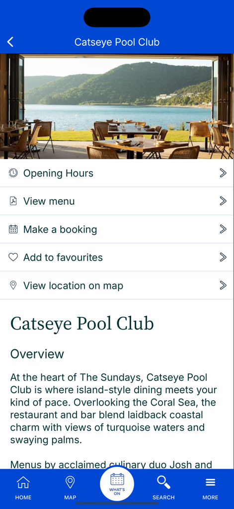 해밀턴 아일랜드 앱의 캣츠아이 풀 클럽 레스토랑 페이지에 예약 및 메뉴 옵션 표시