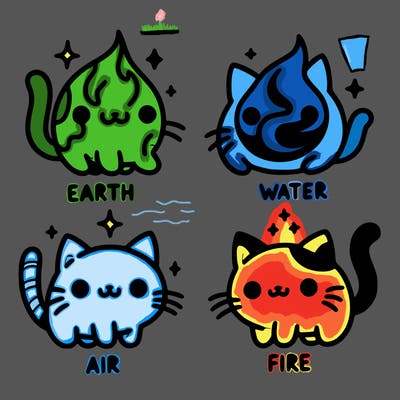 4 cats that represent the different elements, earth, water, air, and fire