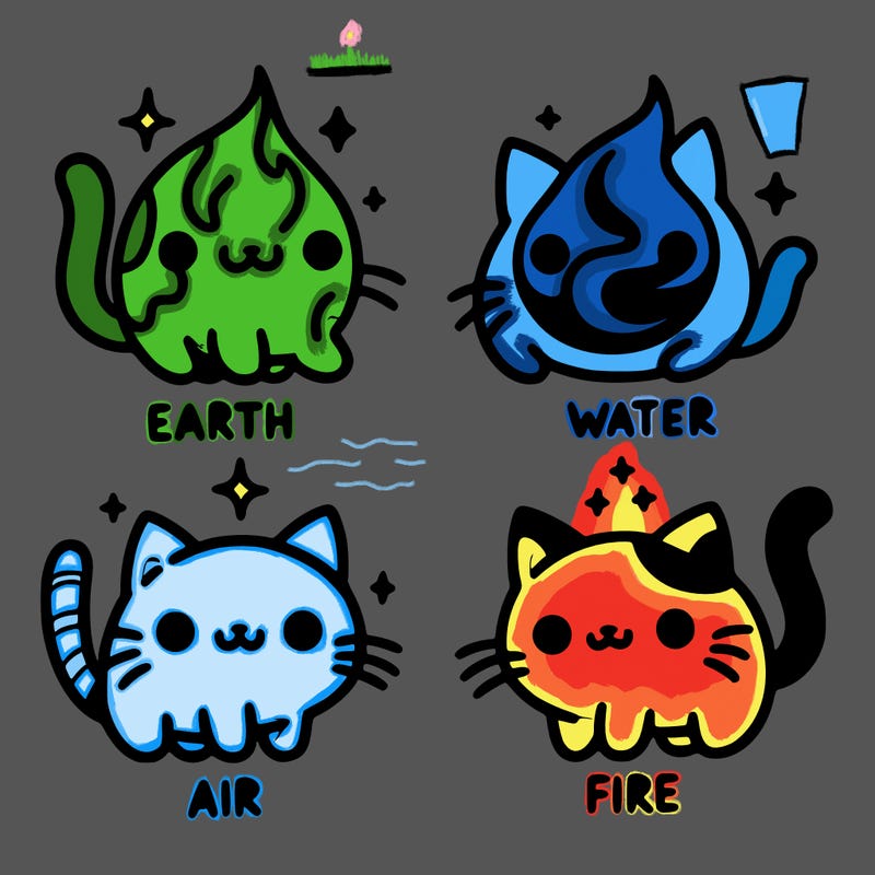 4 cats that represent the different elements, earth, water, air, and fire