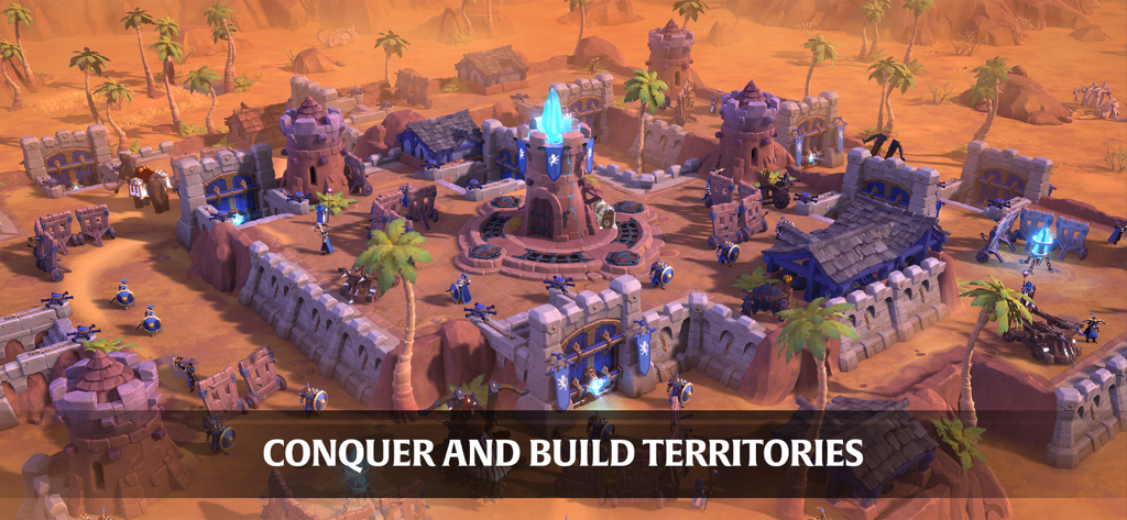 Albion Online - A fortified desert base with defensive towers and soldiers in Albion Online