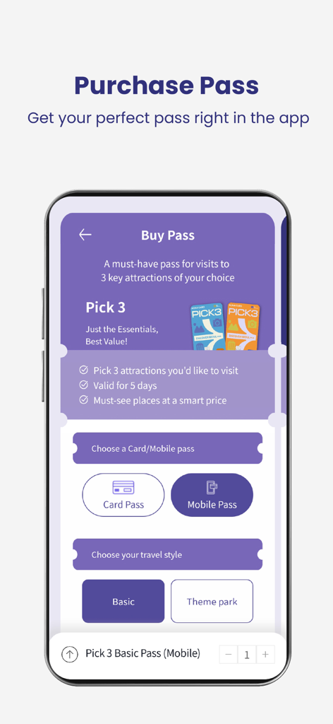 Discover Seoul Pass - Mobile app interface for purchasing a Pick 3 Discover Seoul Pass
