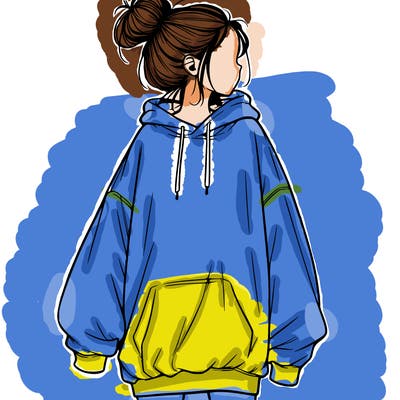 realistic girl with a oversized sweatshirt on and a bun