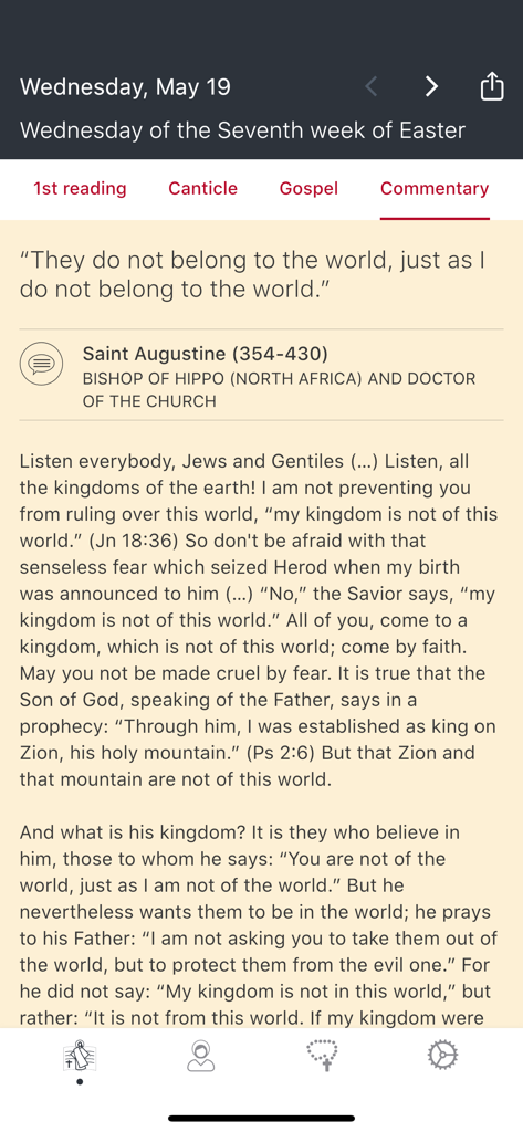 Pantalla de la aplicación Evangelizo mostrando un comentario religioso diario de San Agustín.