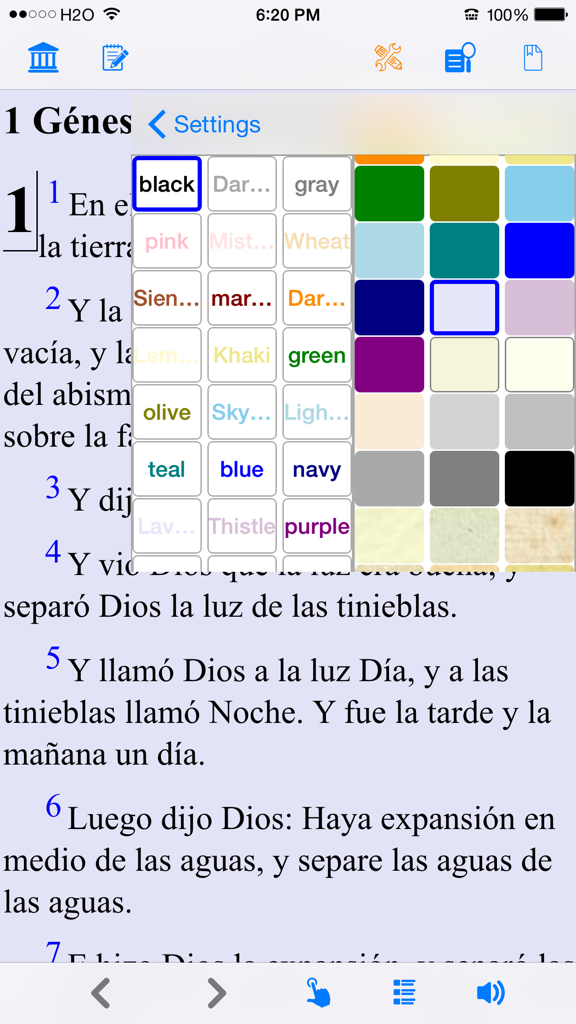 Santa Biblia Version Reina Valera (con audio) - Menú de configuración de la aplicación Santa Biblia mostrando la personalización del color y la textura del fondo.