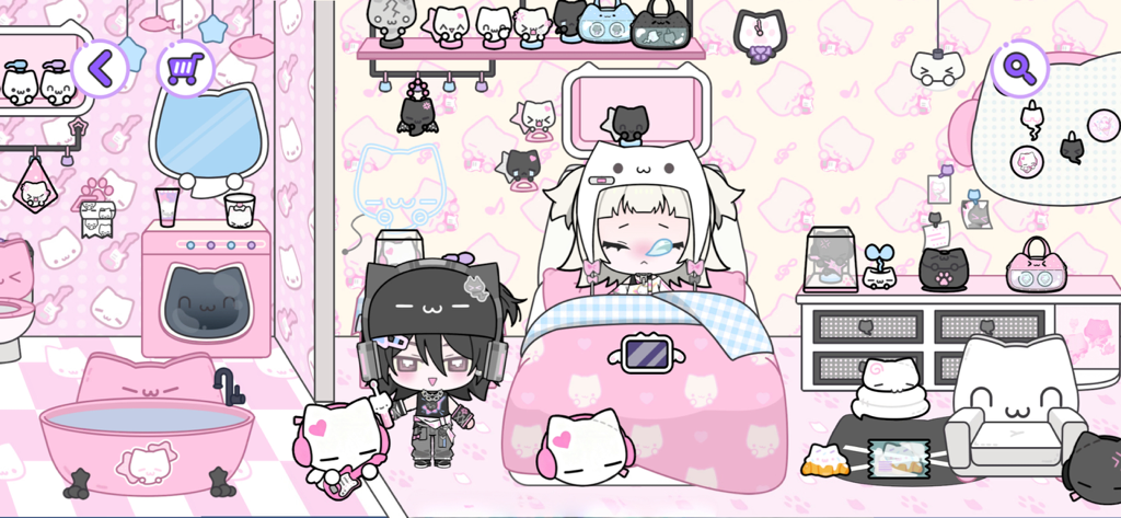 Um quarto kawaii rosa em BUD Town com móveis temáticos de gato e personagens chibi