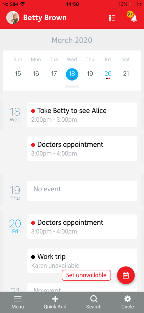 Jointly - Uno screenshot dell'app Jointly che mostra un calendario settimanale con appuntamenti medici programmati e compiti di cura per un membro della famiglia.