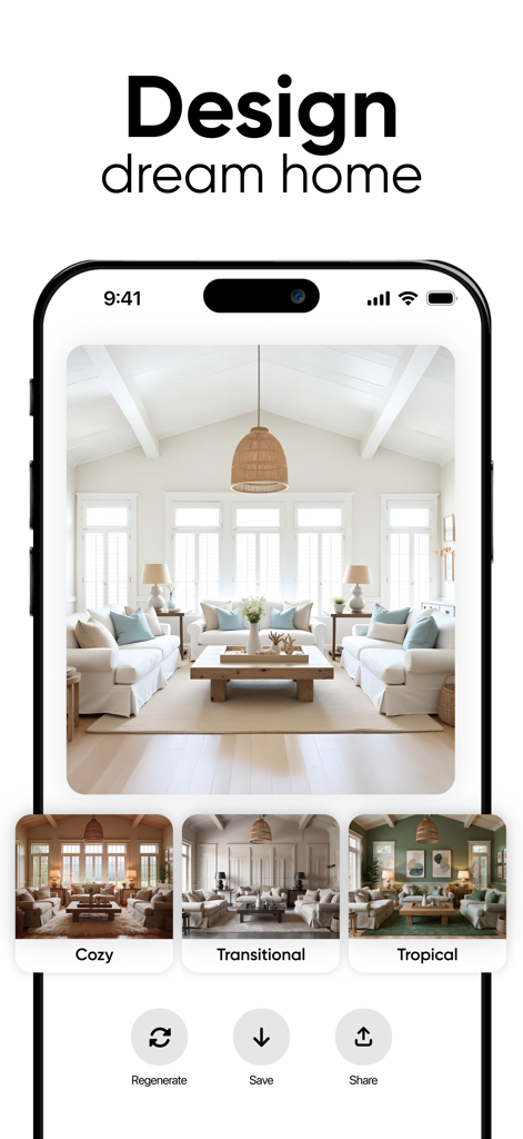 Deco - AI Home Design - Interface do aplicativo móvel Deco mostrando vários estilos de design de interiores gerados por IA para uma sala de estar