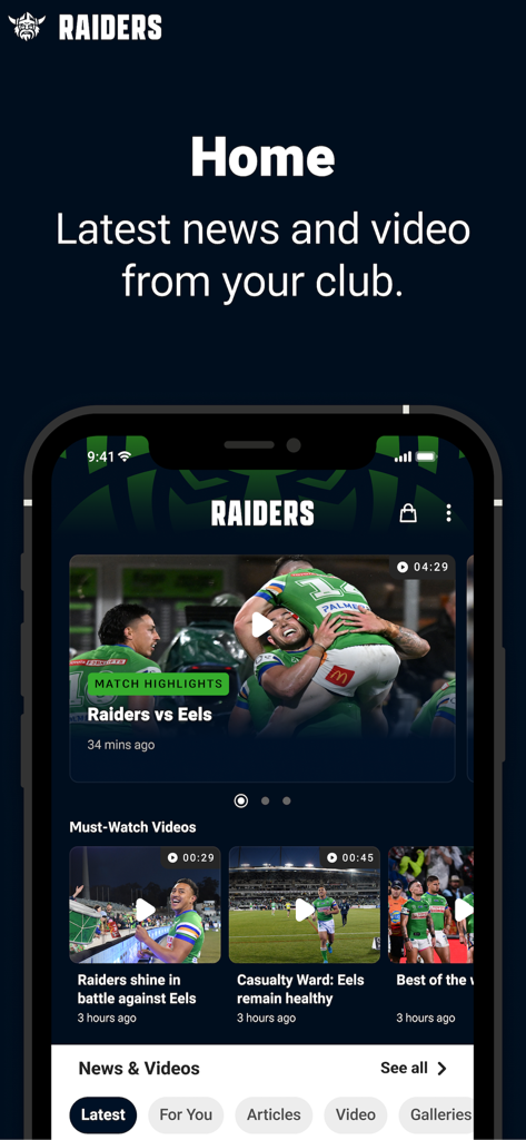 Home screen of the Canberra Raiders Official App featuring latest team news and rugby match highlights