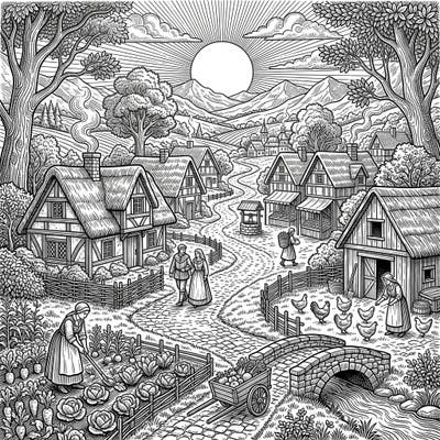 Step into a beautifully detailed Cottagecore village, brought to life with the classic artistry of woodcut engraving. This enchanting coloring page invites you to explore historical daily life amidst a serene, rustic landscape.