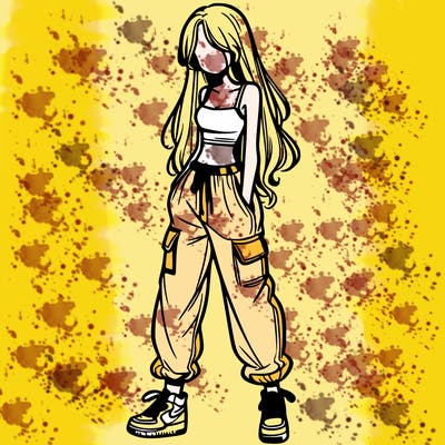 girl in baggy pants crop top and long hair