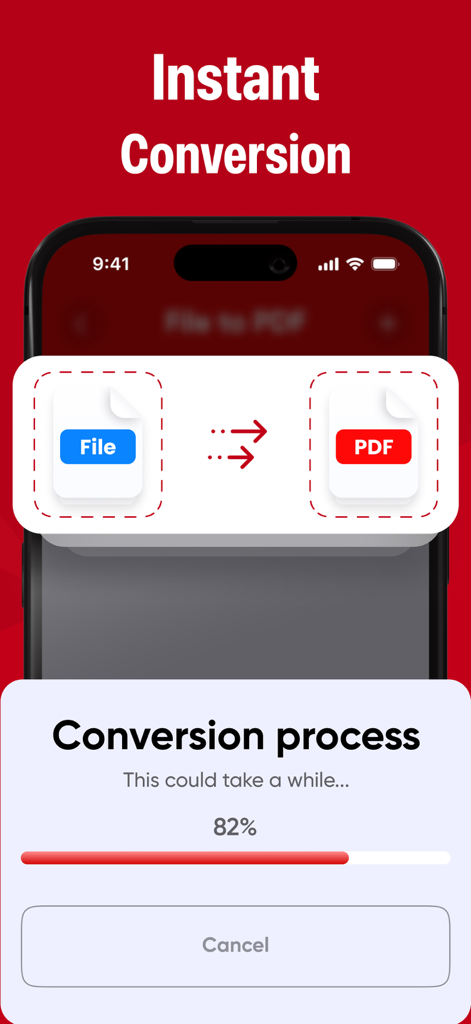 PDF Converter & Scan Editor - Una pantalla de smartphone que muestra el proceso de conversión instantánea de archivo a PDF con una barra de progreso al 82 por ciento.