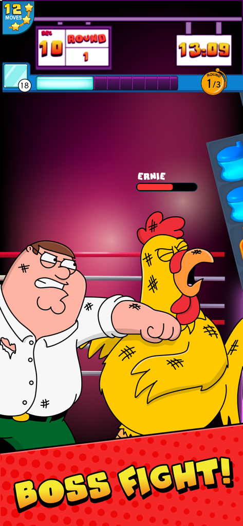 Peter Griffin socando o Frango Gigante em uma luta de boxe contra um chefe