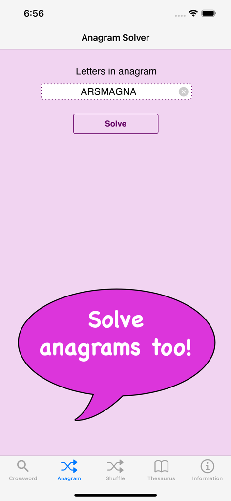 Mobile app screenshot showing the anagram solver interface with a text input field and a solve button.