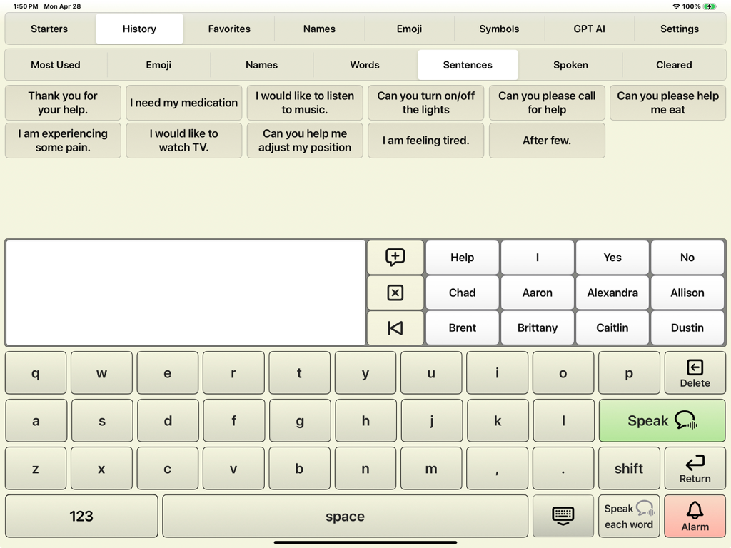 AI Communicator - AI Communicator iPad app interface showing a keyboard and quick phrases for medical and daily needs