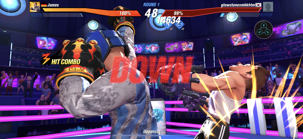 A stylized 3D boxing match in Boxing Star where one fighter is knocked down in an arena
