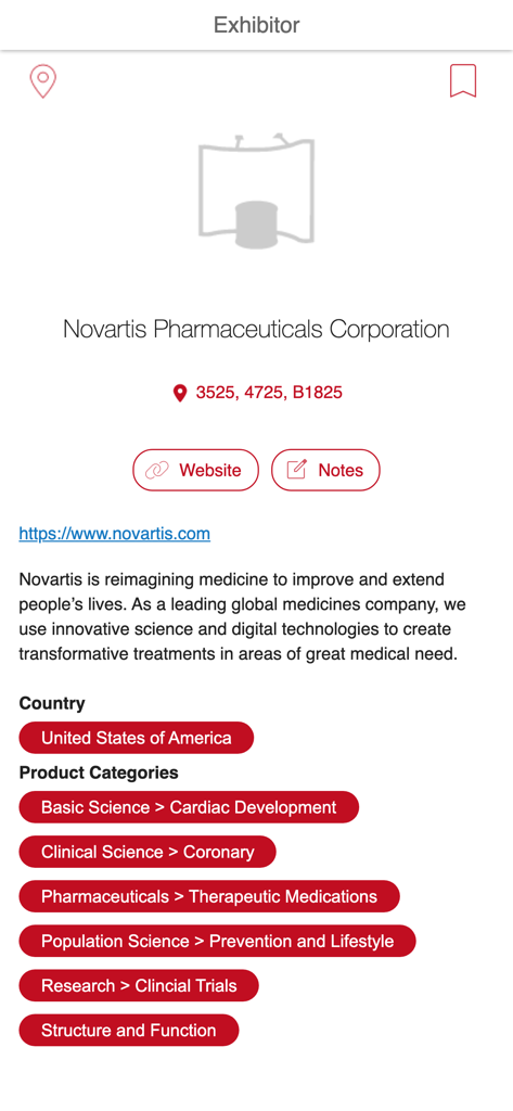 AHA Conferences - Perfil del expositor para Novartis Pharmaceuticals Corporation en la aplicación AHA Conferences que muestra la ubicación del stand y las categorías de productos.