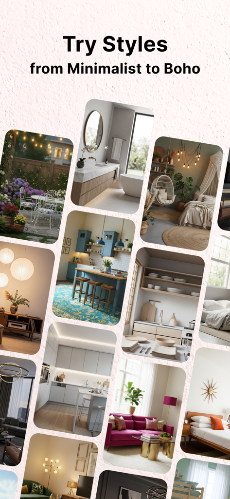 Magic App: AI Interior Design - A collage showing different AI-generated interior and exterior design styles from minimalist to boho