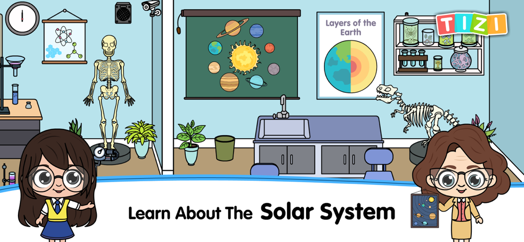 My Tizi School Cafe World Game - A science lab in My Tizi School game with solar system and earth layer charts