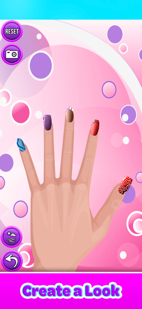 Nail Salon - Paint & Decorate - Digital hand with colorful nail art designs in a virtual nail salon game