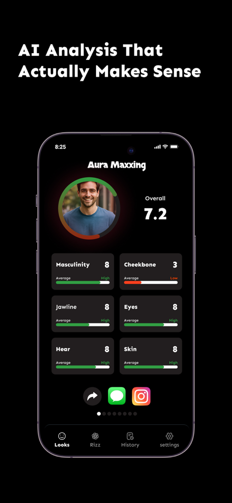 Aura Maxxing app interface showing facial feature analysis scores for masculinity, jawline, and skin.